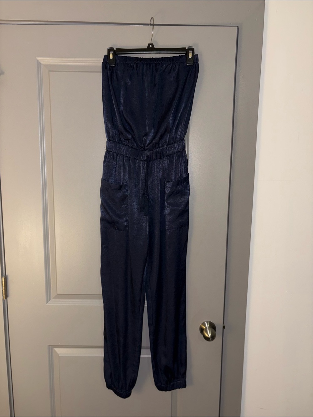 Listicle Navy Strapless Satin Jumpsuit with Elastic Waistband